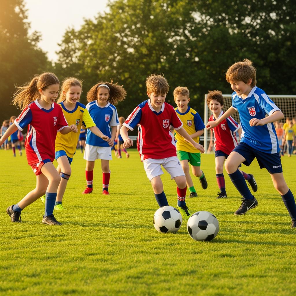 Children playing football at a UK summer camp